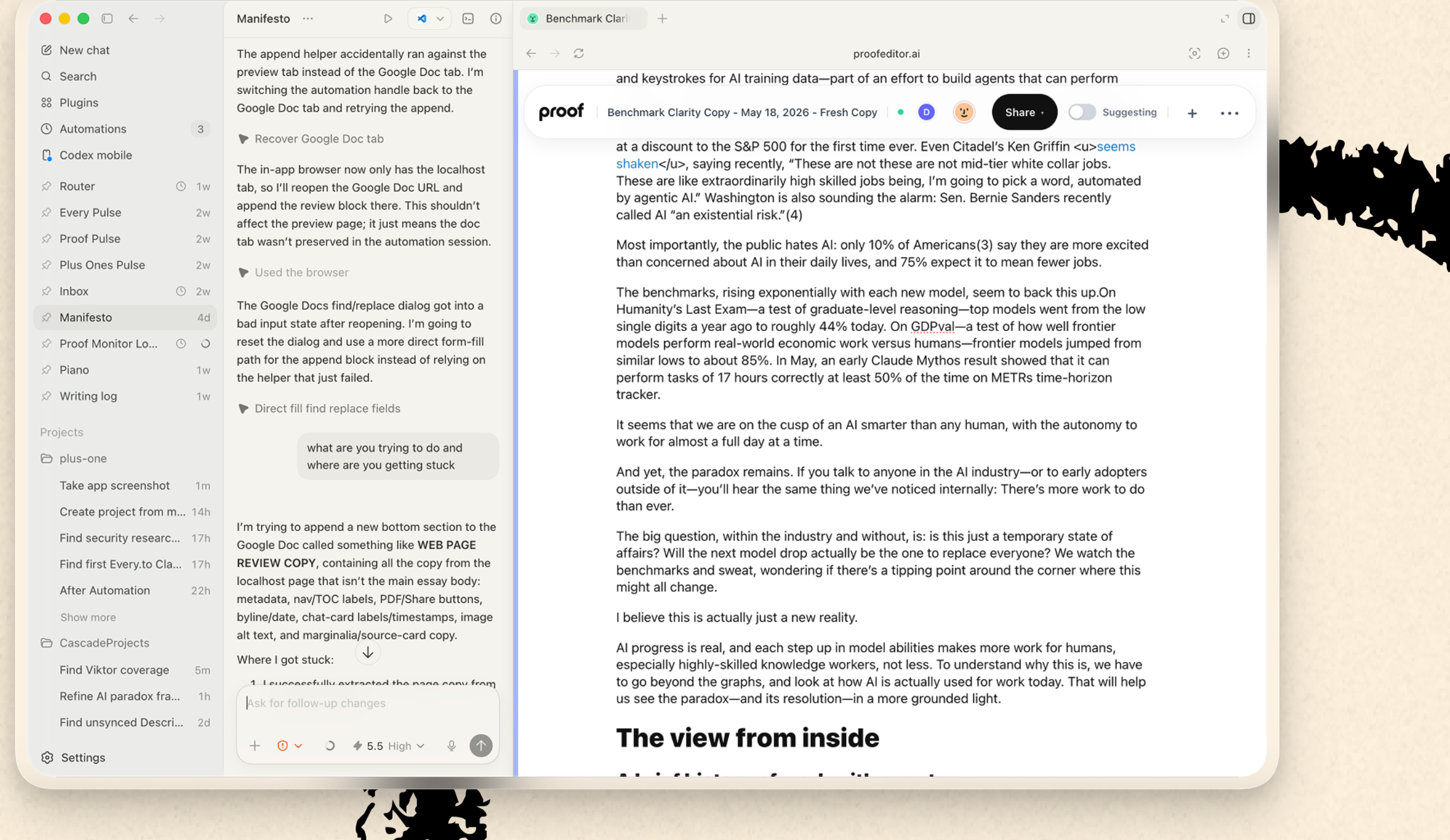 Codex 안의 Proof 에디터에서 글을 쓰는 화면.