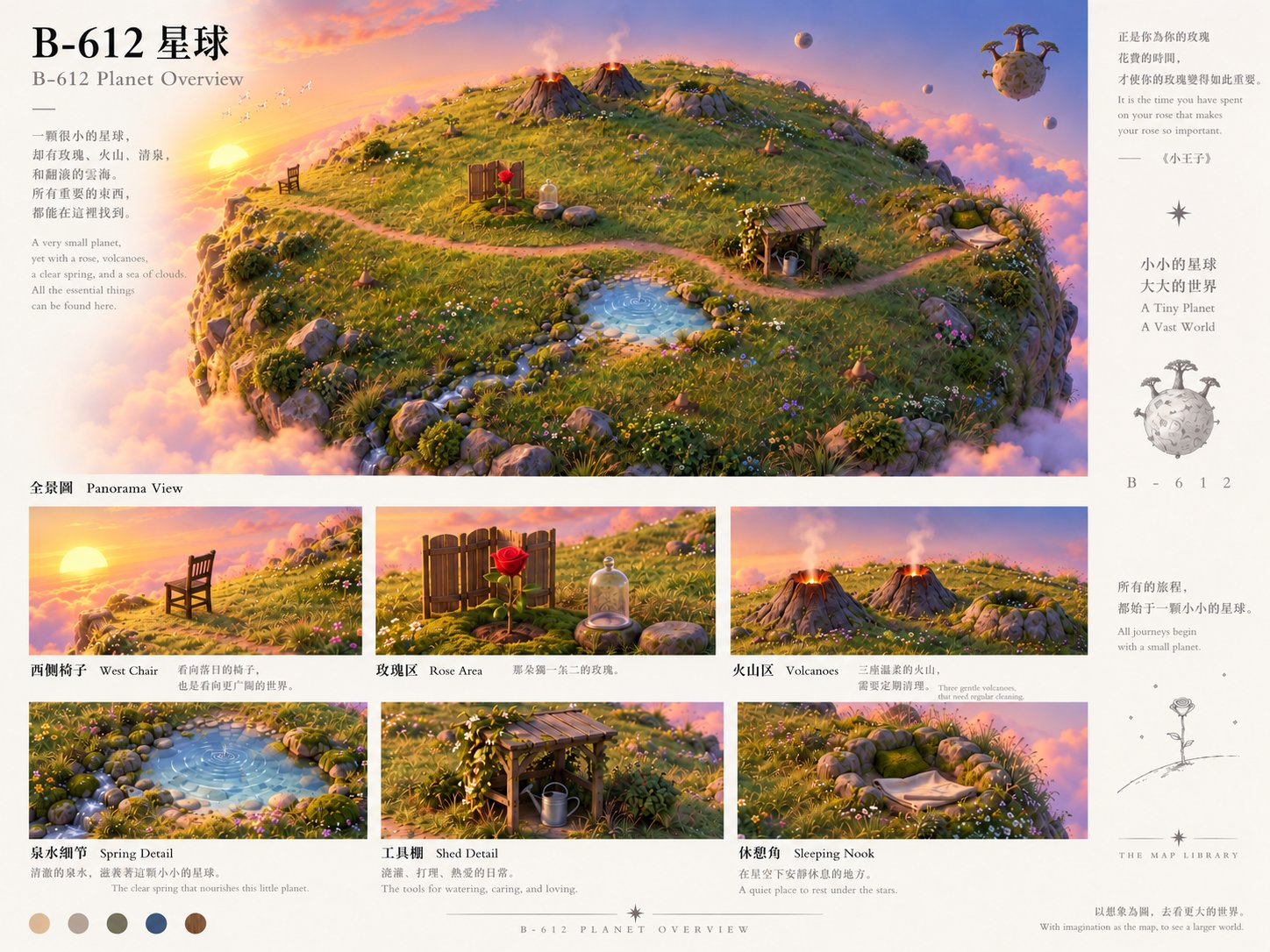GPT Image 2.5로 생성한 B-612 소행성 종합 레퍼런스 시트. 상단에 소행성 전체 파노라마 뷰가 있고 하단에 서쪽 의자, 장미 구역, 화산 구역, 샘물 세부, 도구 선반, 휴식 공간의 6개 클로즈업 뷰가 배치되어 있다.