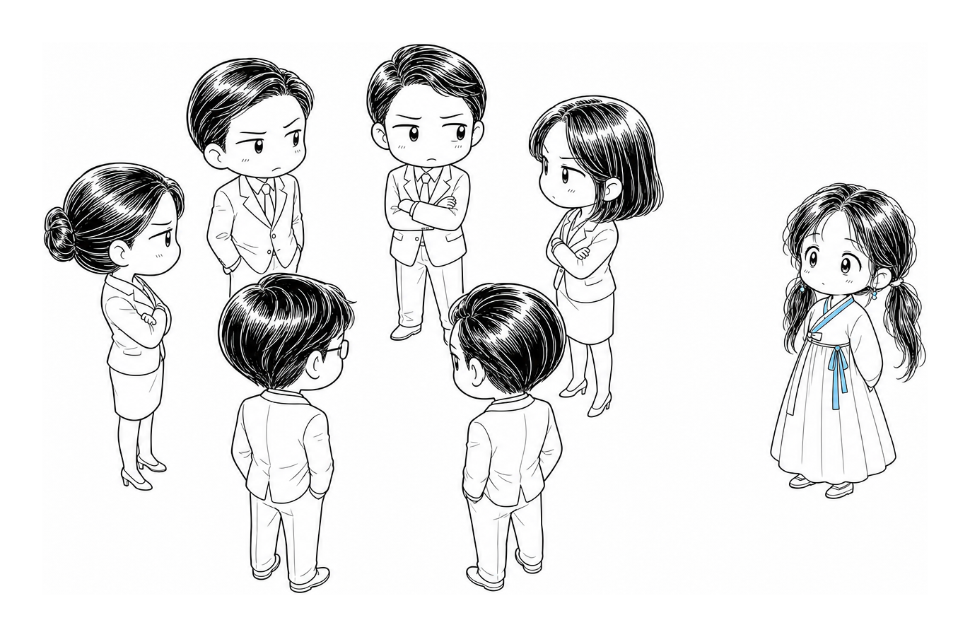 원형으로 둘러선 정장 차림 인물들이 서로 눈치만 보며 침묵하고, 서소영이 바깥에서 지켜보는 모습