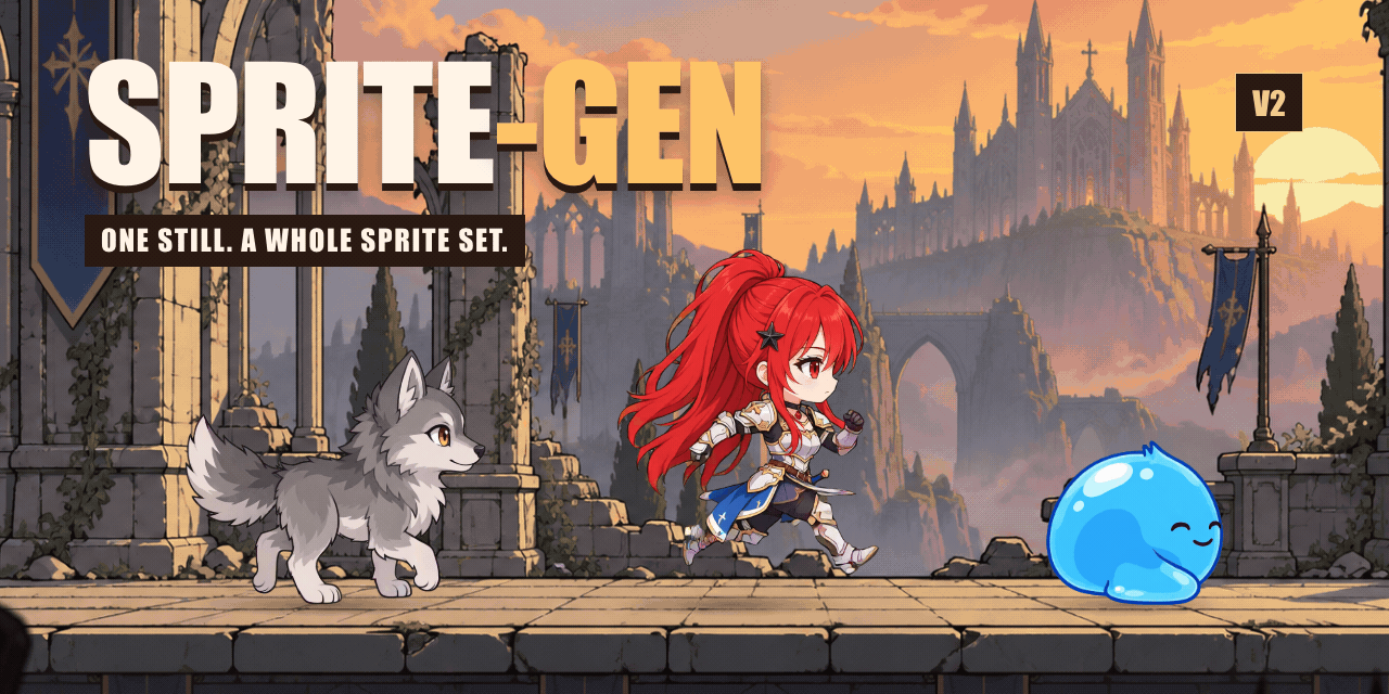 sprite-gen v2 소개 화면. 폐허가 된 성 앞을 붉은 머리 기사 소녀가 달리고, 그 옆에 회색 늑대와 파란 슬라임이 함께 서 있다. 왼쪽 위에 SPRITE-GEN이라는 제목과 One still. A whole sprite set.이라는 문구가 있다.