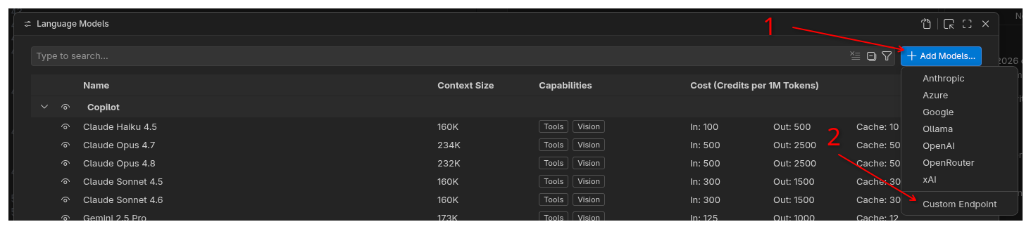 Copilot의 &ldquo;Add Models&rdquo; → &ldquo;Custom Endpoint&rdquo; 진입 화면