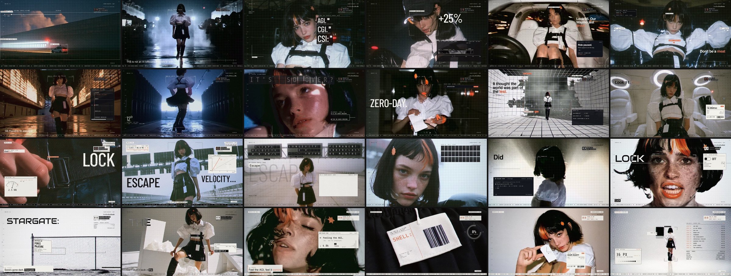 완성 영상에서 뽑은 24개 프레임. 데이터센터 복도, 웨이모 뒷좌석, 스플릿 플랩 보드, LOCK과 ESCAPE VELOCITY 같은 대형 타이포, 가먼트 태그 클로즈업이 보인다