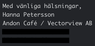 Hanna Petersson 이름으로 서명한 알코올 라이센스 신청 이메일