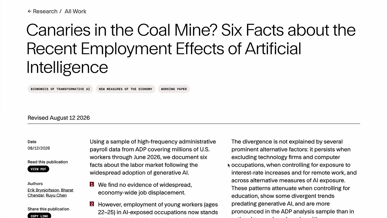 영상에 나온 스탠퍼드 디지털 경제 연구소 논문 「Canaries in the Coal Mine?」 2026년 8월 12일 개정판