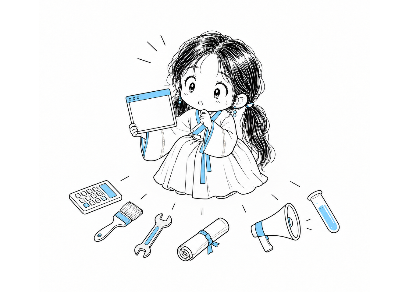 여섯 직군의 도구를 반원으로 늘어놓고, 그 앞에 웅크려 앉아 작은 터미널 창 하나를 들어 비교해 보는 치비 서소영