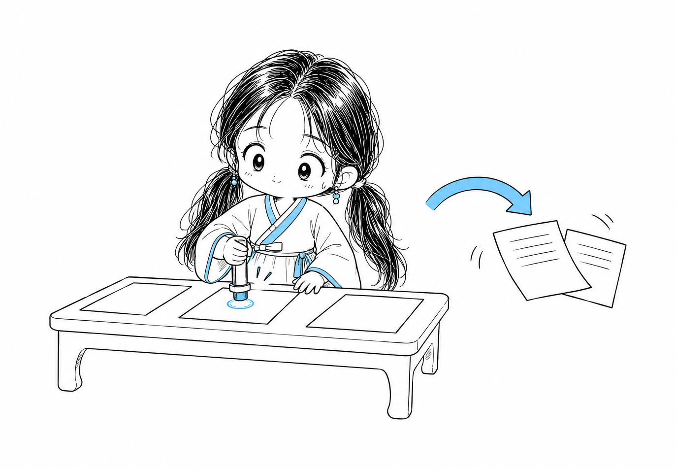 책상에 놓인 세 장의 시도 가운데 한 장에만 도장을 찍고, 나머지 두 장은 되돌리는 화살표로 보내는 치비 서소영