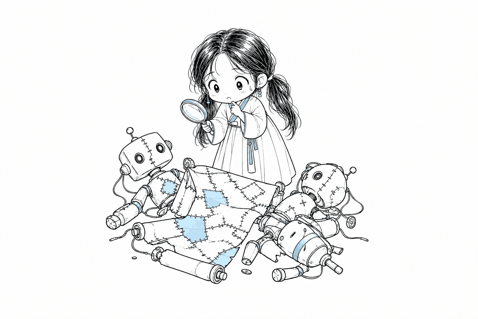 제각각 엉킨 로봇 꼭두각시 인형들과 기워 붙인 두루마리 앞에서 돋보기를 들고 당혹스러워하는 치비 서소영