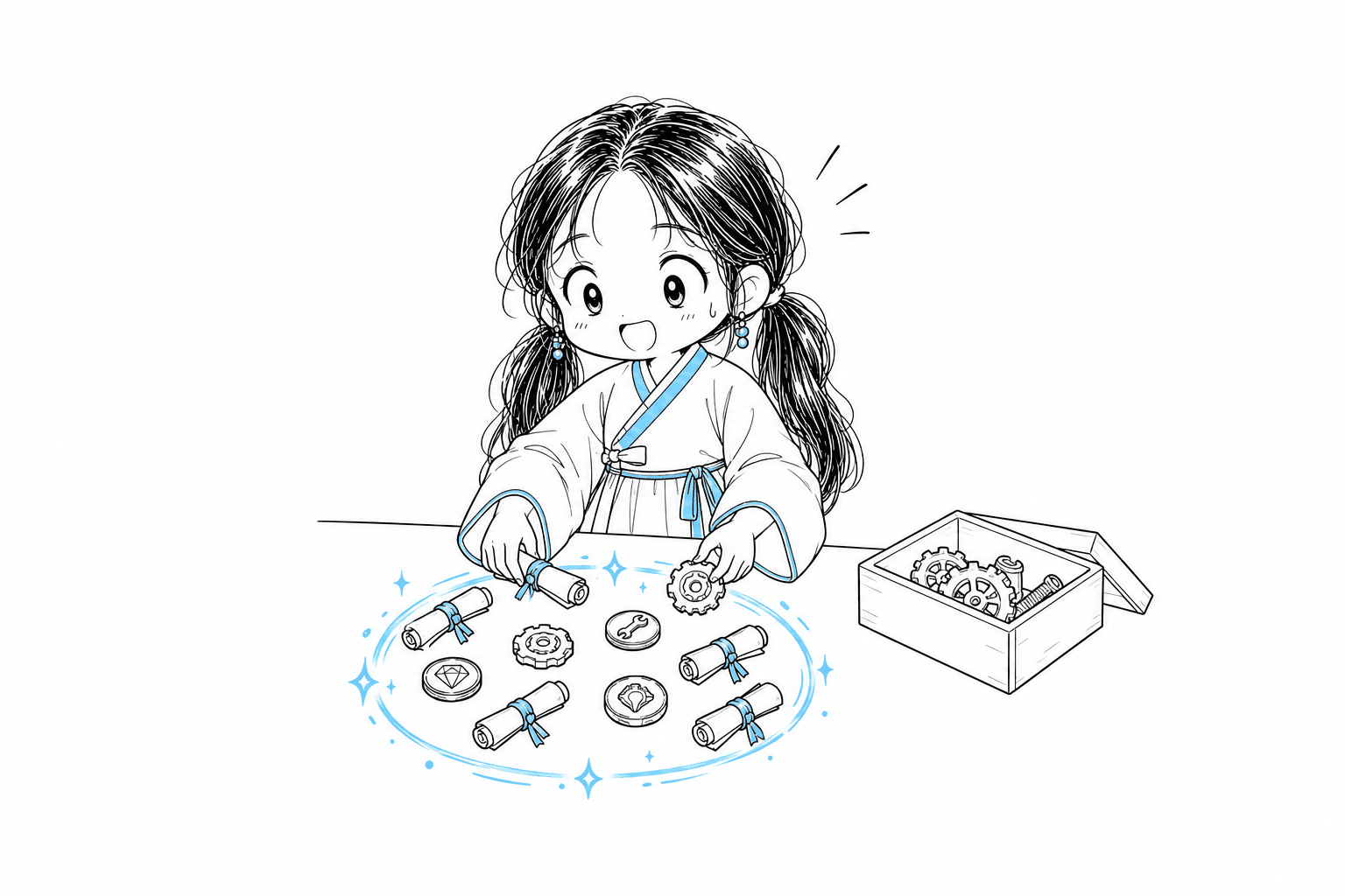 작은 스킬 두루마리와 도구 토큰들을 하나의 하늘색 원형 고리로 정돈하고 낡은 톱니바퀴 상자를 옆에 치워 두는 치비 서소영