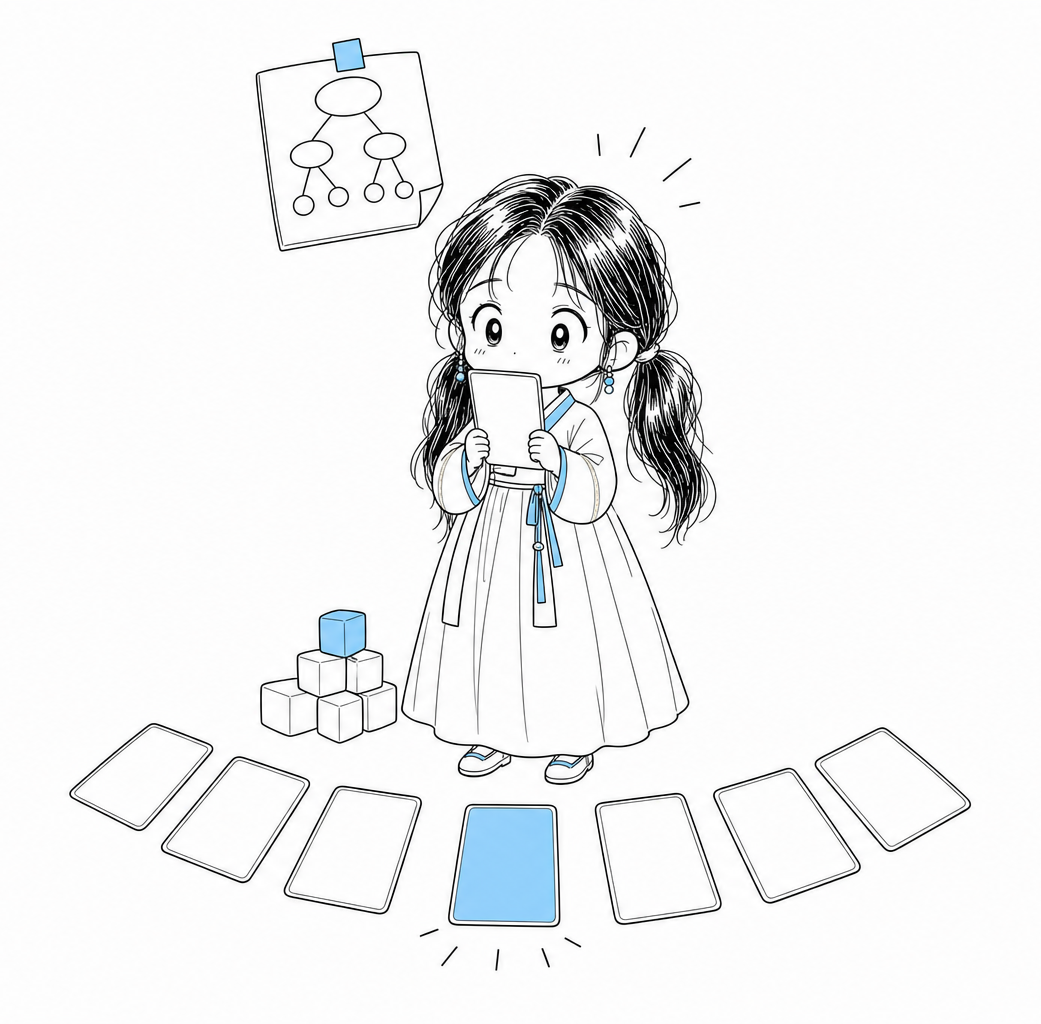위에 떠 있는 계획 쪽지와 발밑에 펼쳐진 선택지 카드 사이에 선 치비 서소영이 카드 한 장을 두 손으로 집어 드는 그림