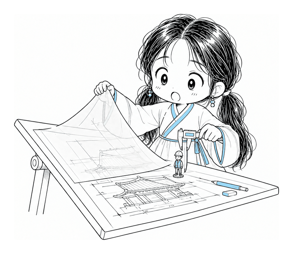 제도 책상 위에서 반투명한 트레이싱지 도면을 밑그림 위에 겹쳐 들고 캘리퍼스로 작은 작업자 캐릭터 모형의 키를 재는 치비 서소영
