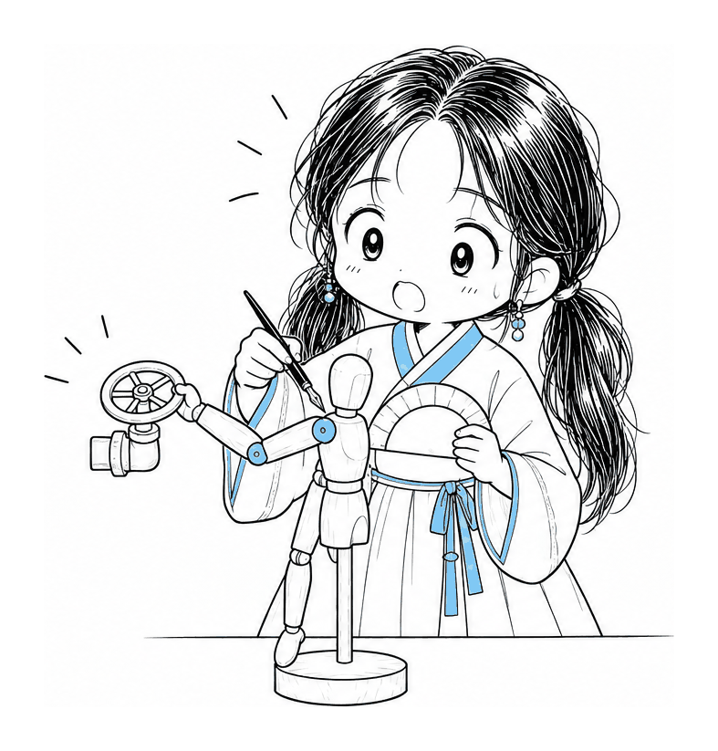 딥펜과 각도기를 들고 2관절 목각 인형 리그의 어깨와 팔꿈치 관절을 조절해 배관 밸브 핸들을 잡도록 맞추는 치비 서소영