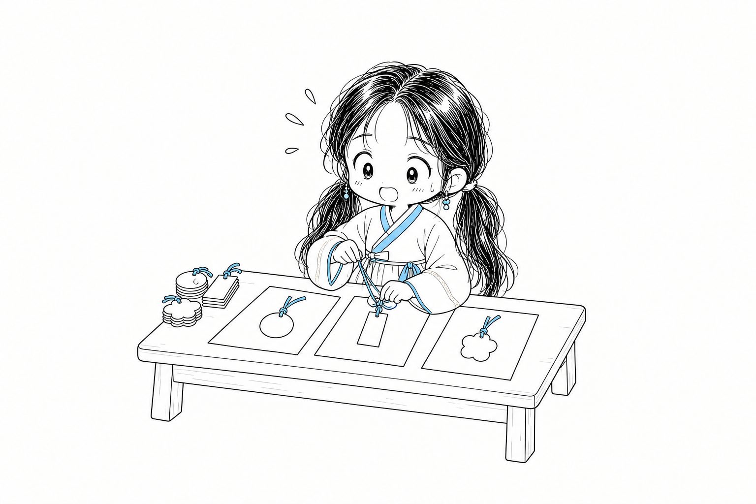 프롬프트 종이 세 장에 서로 다른 모양의 꼬리표를 하나씩 묶어 구분하고 있는 치비 서소영