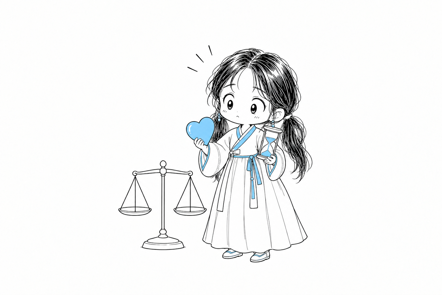 한 손에 커다란 하늘색 하트를, 다른 손에 모래시계를 들고 저울 앞에서 손을 멈춘 치비 서소영