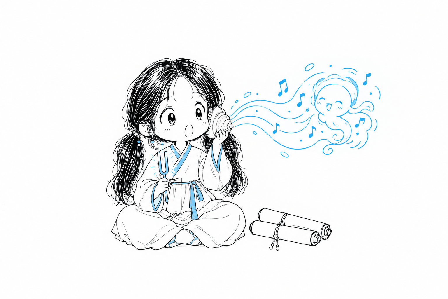 바닥에 말린 종이 두루마리를 그대로 둔 채, 소리굽쇠와 소라 수화기로 하늘색 음표 정령의 목소리를 듣는 치비 서소영