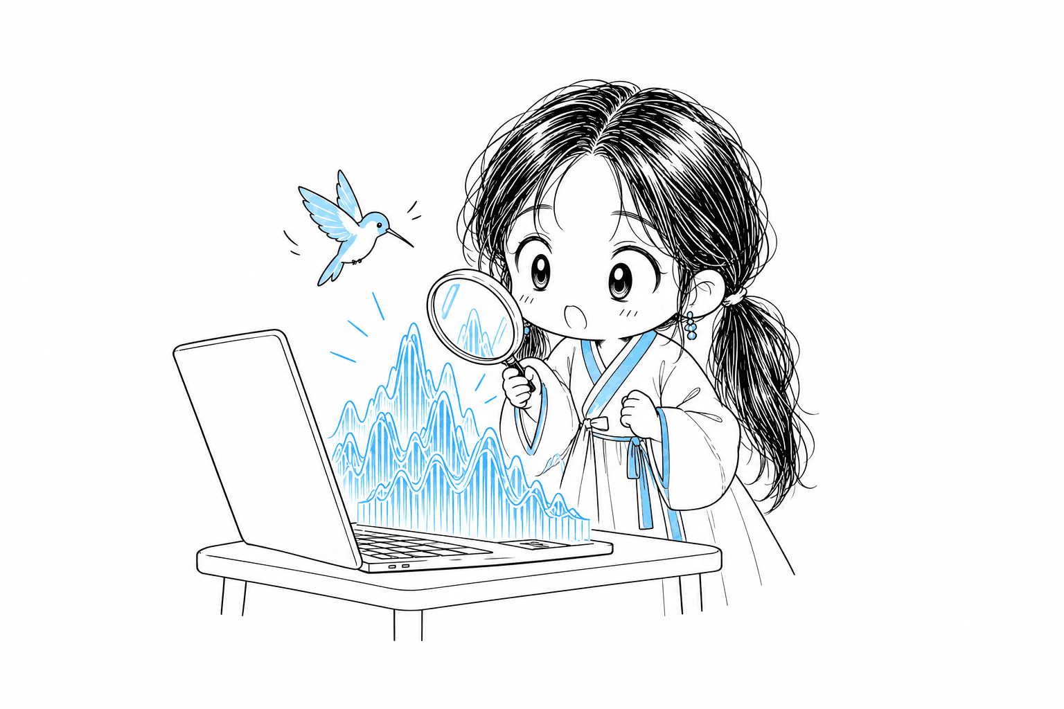 책상 위 노트북에서 솟아오른 하늘색 음성 파형과 실시간 속도를 상징하는 작은 벌새를 돋보기로 관찰하는 치비 서소영
