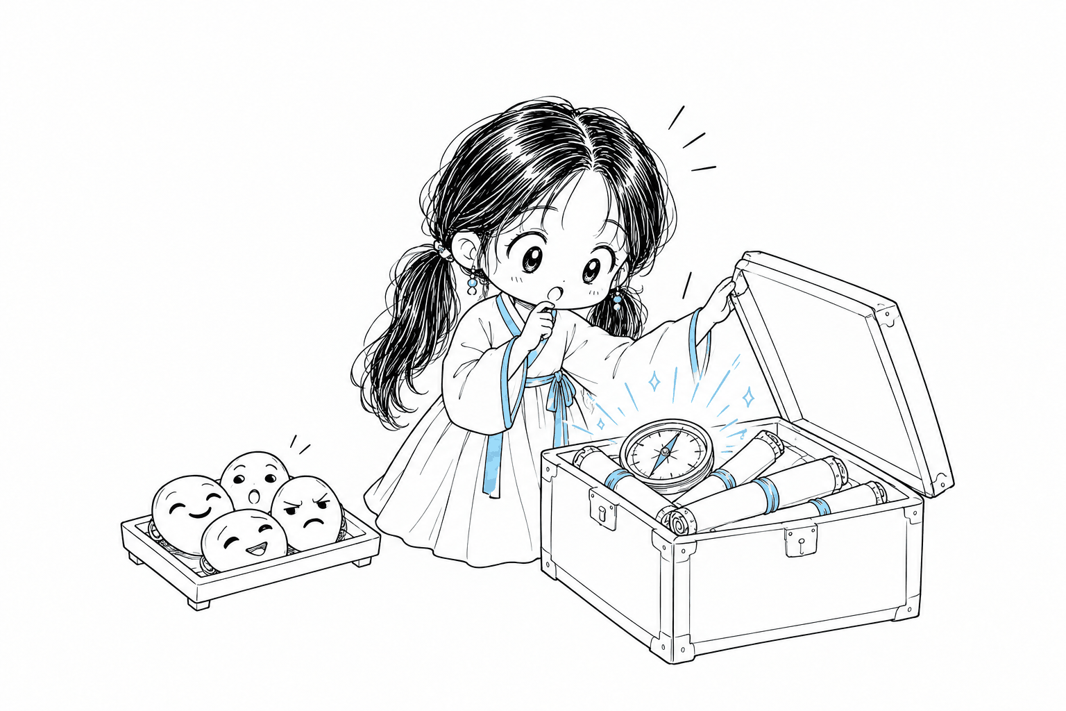 일시적인 표정 가면들이 담긴 작은 쟁반은 옆으로 치워 두고 나침반과 장기 목표 설계도 두루마리가 들어 있는 보관함을 들여다보는 치비 서소영