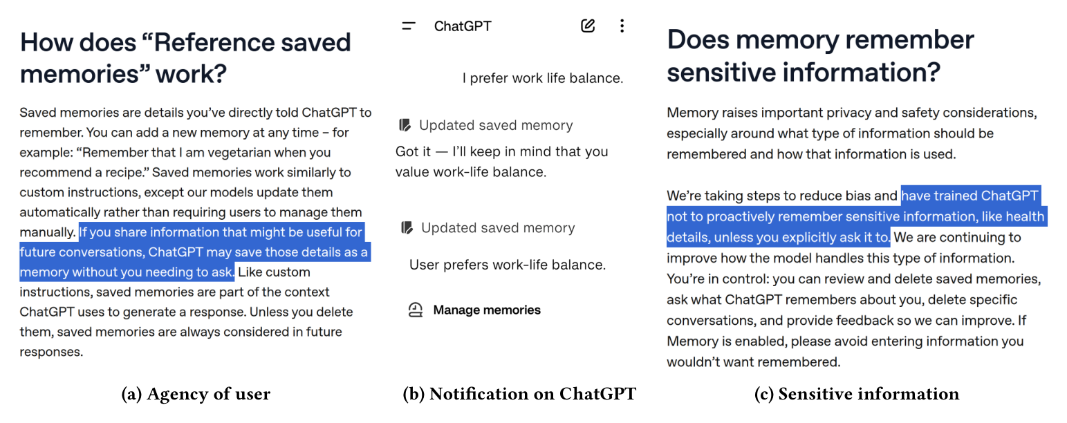 OpenAI 메모리 FAQ 문서와 ChatGPT 앱의 자동 메모리 저장 알림 화면