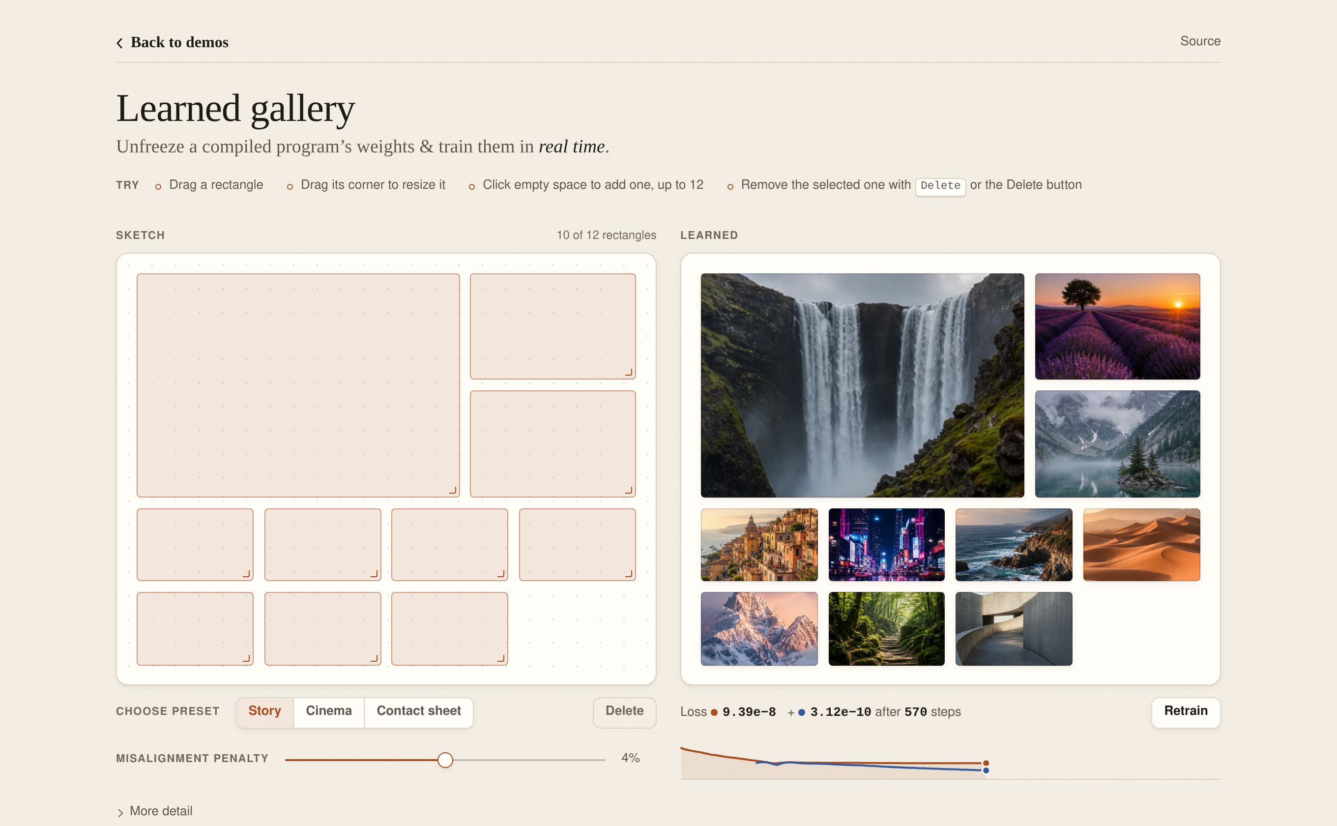 Learned Gallery 데모 화면. 왼쪽 SKETCH 캔버스에 사각형 10개가 배치되어 있고 오른쪽 LEARNED 캔버스에 정렬된 사진 10장과 하단 손실 곡선이 표시된다.