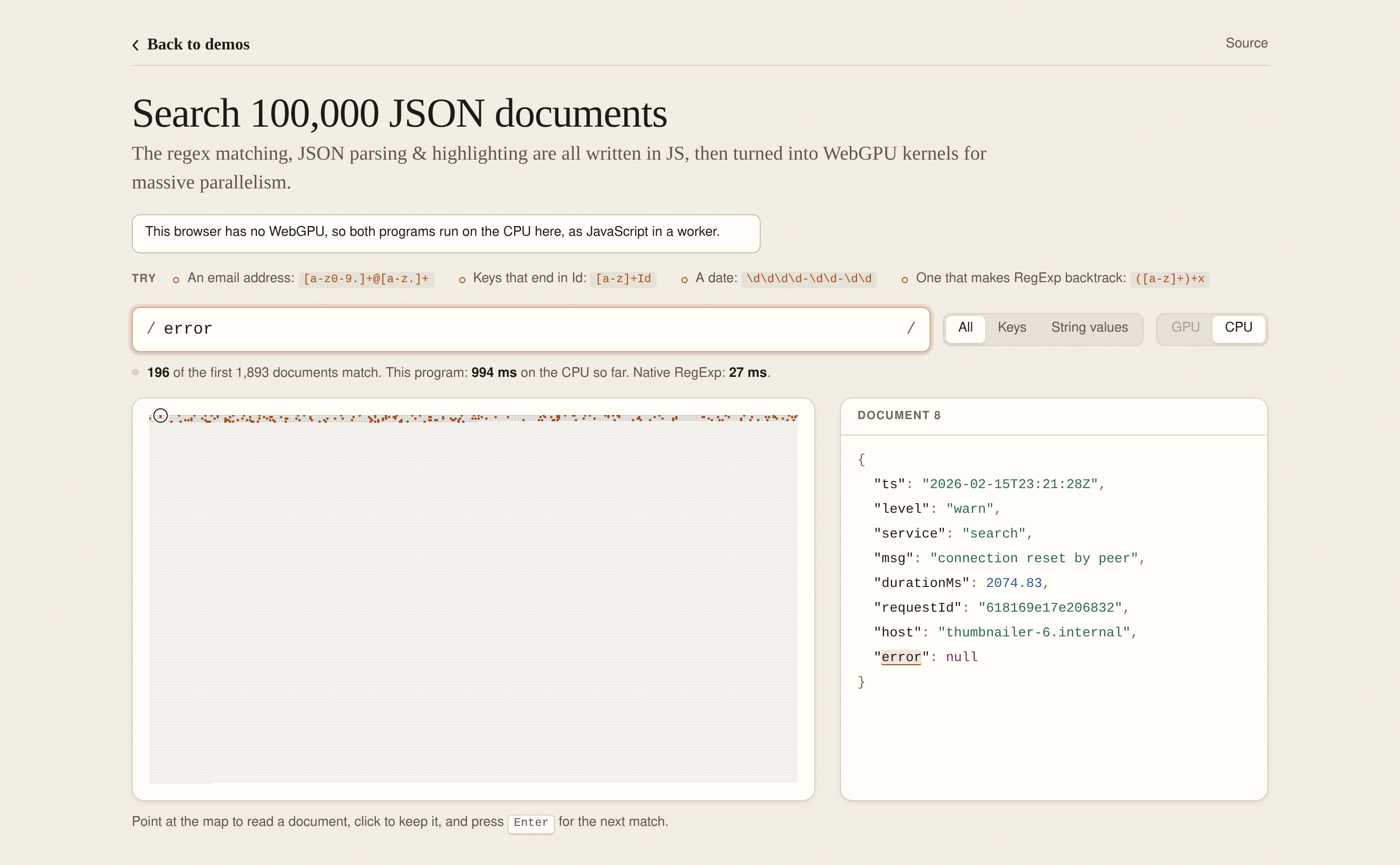 JSON Search 데모 화면. 10만 개의 JSON 문서 맵에서 error 패턴을 검색해 오른쪽 DOCUMENT 8 창에 구문 강조된 JSON과 매치 밑줄을 표시한다.