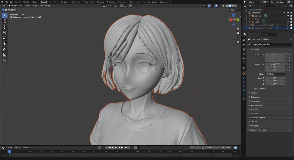Blender로 가져온 직후의 거친 얼굴 메쉬와 텍스처