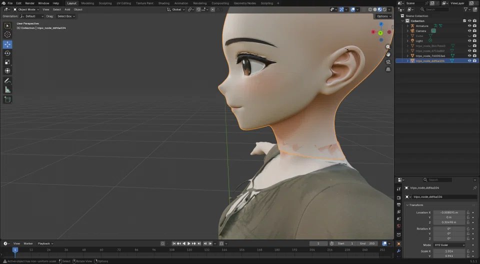 머리만 따로 생성하고 Blender에서 몸과 결합 — &ldquo;정점을 옮겨 메쉬 형태를 다듬는 법을 익혔다&rdquo;