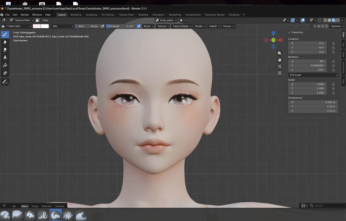Blender 내장 도구로 3D 모델 위에 직접 채색 — &ldquo;텍스처의 거친 부분을 다듬으며 메이크업 중&rdquo;