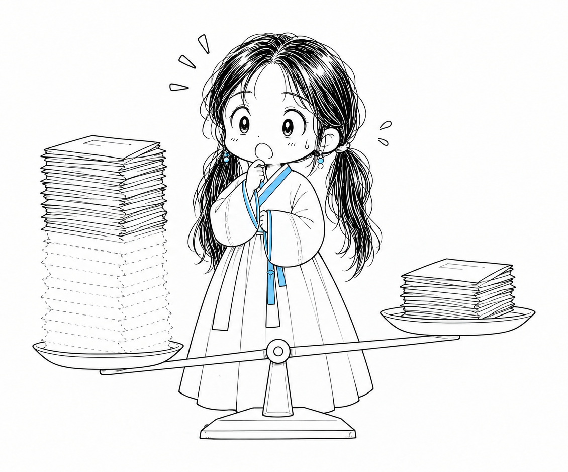 저울 앞에 선 치비 서소영. 왼쪽 접시에는 사고 보고서 뭉치가 높이 쌓여 있는데 아래쪽 절반은 점선으로만 그려져 있고, 오른쪽 접시에는 작은 뭉치가 또렷하게 놓여 있다.