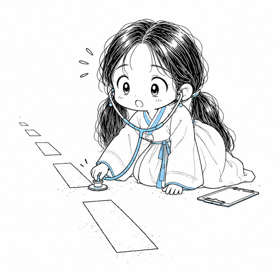 도로의 차선 위에 엎드린 치비 서소영이 청진기를 아스팔트에 대고 소리를 듣고 있다. 무릎 옆에는 작은 진료 기록판이 놓여 있다.