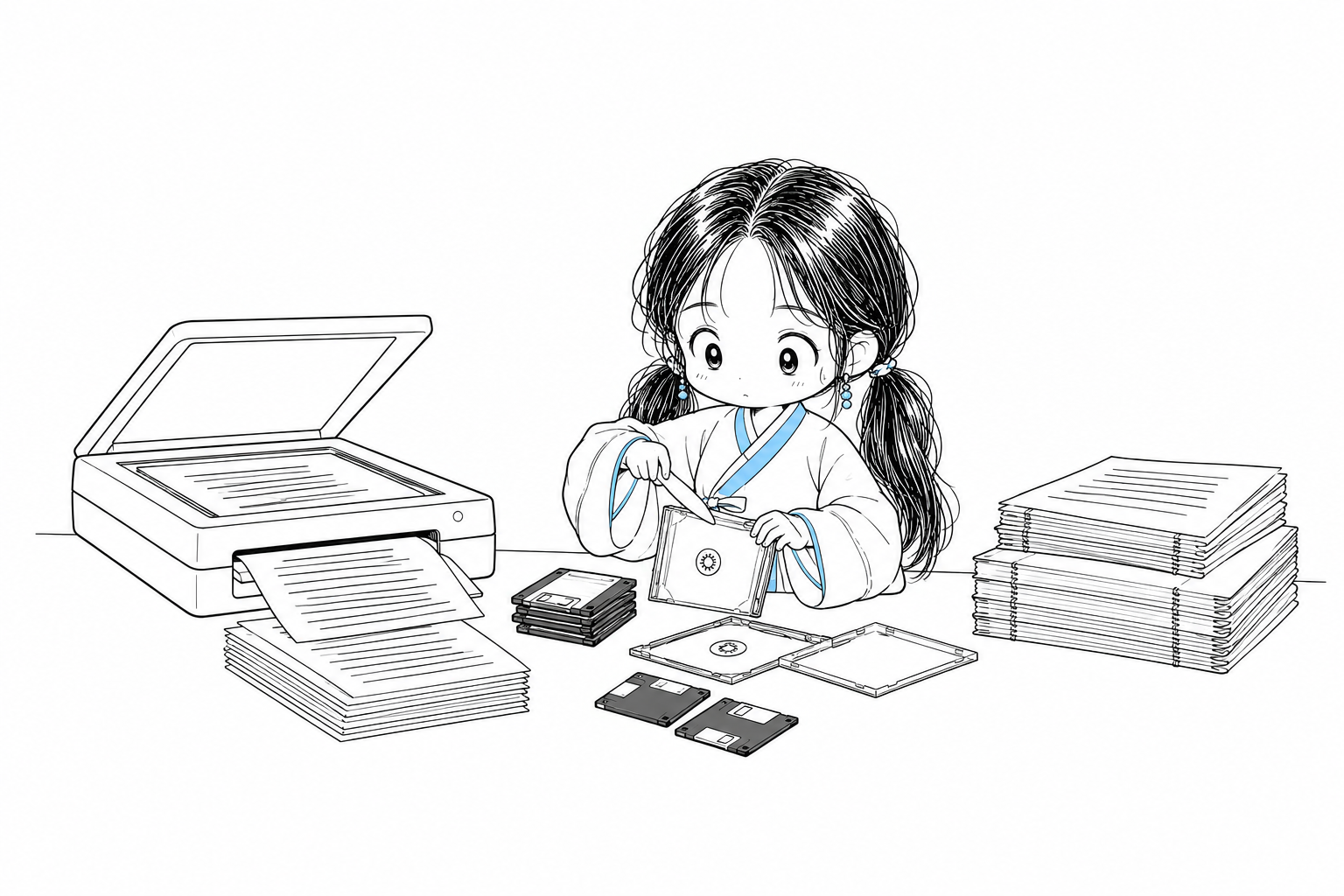 치비 서소영이 책상에서 CD 케이스를 해체하고, 옆의 스캐너에서는 줄무늬 코드가 적힌 종이가 나오며, 반대편에는 제본을 푼 종이책 더미가 있다