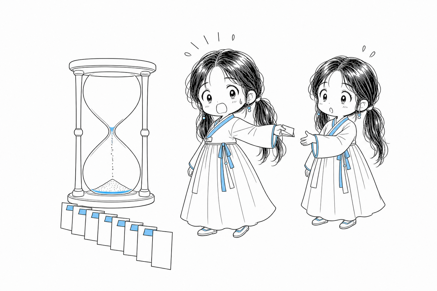 치비 서소영이 모래가 거의 다 떨어진 큰 모래시계 옆에서, 어깨 너머로 뒤에 선 또 다른 자신에게 접은 답 쪽지를 건네고 있다. 앞쪽에는 번호가 붙은 질문 카드가 줄지어 놓여 있다