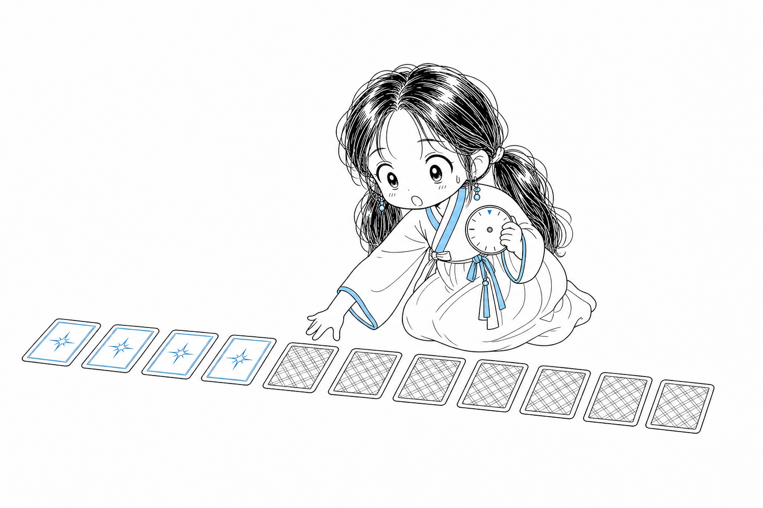 치비 서소영이 바닥에 길게 늘어놓은 뒤집힌 카드 앞에 앉아, 앞의 네 장만 뒤집어 놓은 채 눈금이 새겨진 작은 다이얼을 들고 다섯 번째 카드로 손을 뻗고 있다