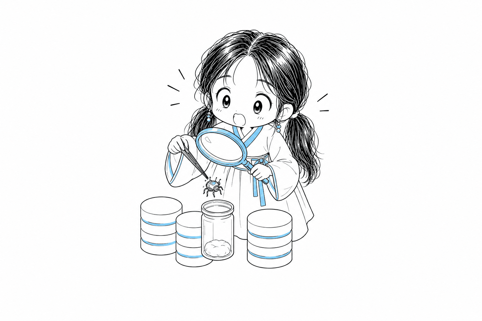 치비 서소영 삽화. 서소영이 하늘색 테두리의 커다란 돋보기로 원통형 데이터베이스 모형들을 살피며, 핀셋으로 작은 태엽 벌레를 집어 표본 병에 담고 있다.