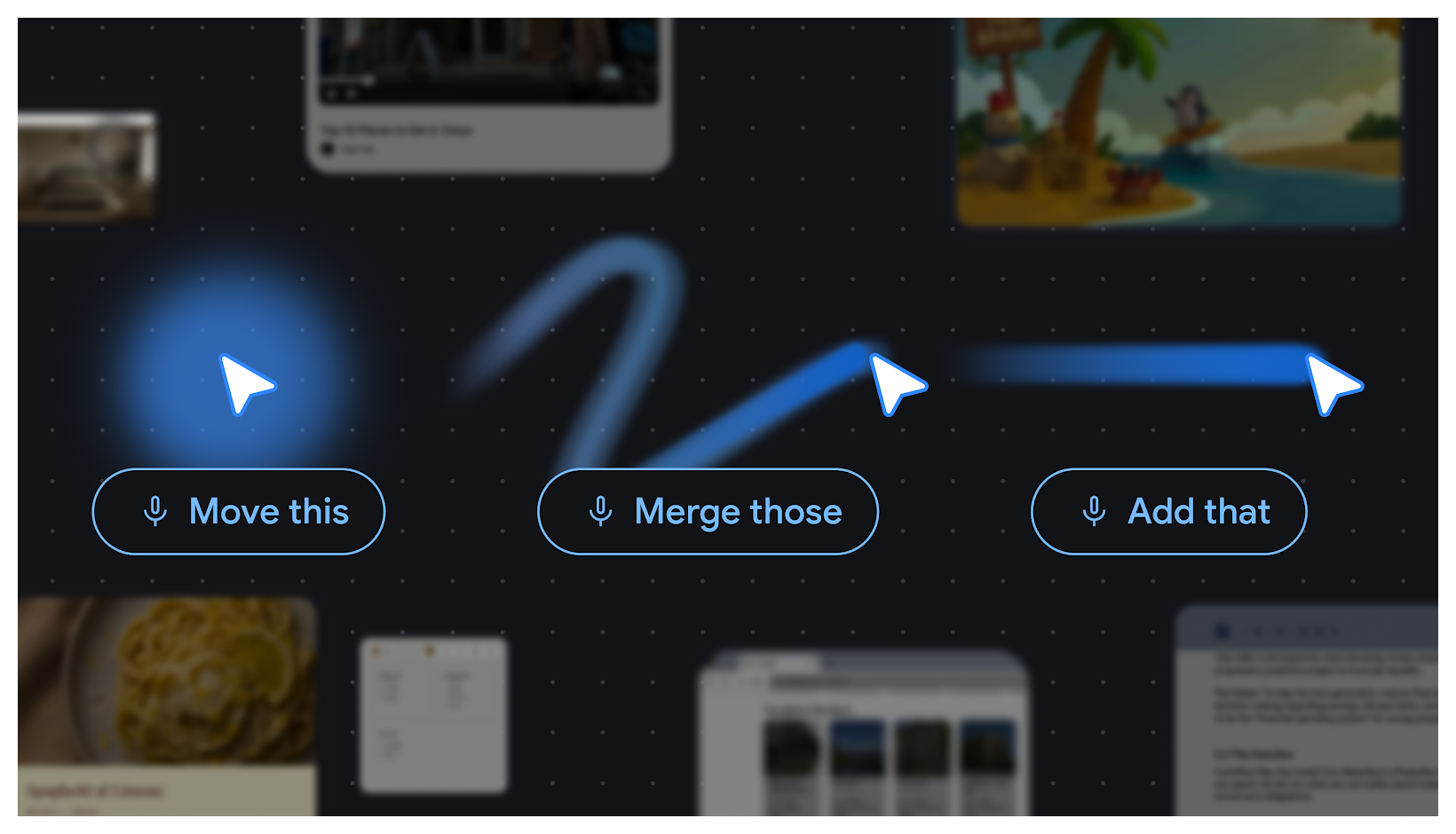 DeepMind AI 마우스 포인터 컨셉 — 3개의 커서가 음성 명령 ‘Move this’, ‘Merge those’, ‘Add that’와 함께 표시된 인터페이스 mockup