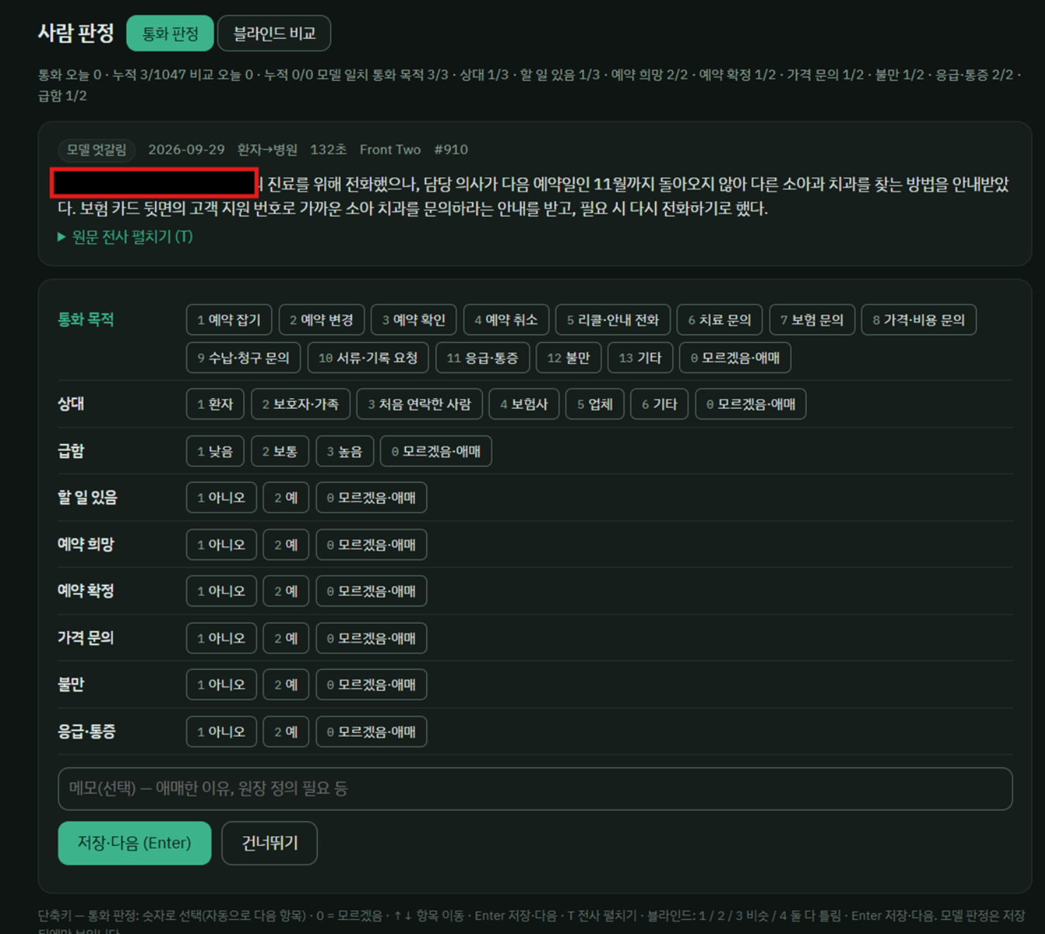 사람 판정 화면. 위쪽에는 통화 요약과 통화 날짜가 있고, 통화 시간은 132초다. 두 모델의 판정이 다르다는 표시도 있고, 환자 이름 부분은 검은 칸으로 가려져 있다. 아래에는 통화 목적 13가지, 상대 6가지, 급함 3단계와 할 일, 예약 희망, 예약 확정, 가격 문의, 불만, 응급과 통증의 예, 아니오 버튼이 번호와 함께 있다.