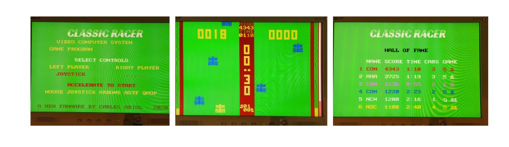 초록빛 CRT 모니터 화면 세 장. 레이싱 게임의 제목, 주행 장면, 기록표가 있다.