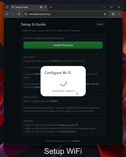 개발자의 설정 안내 영상 한 장면. 펌웨어 설치 직후 브라우저에 Wi-Fi 설정 창이 뜨고 주변 네트워크를 검색하는 중이다.