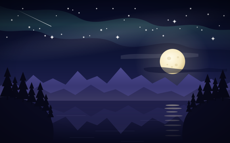 밤하늘의 별 40개와 보름달, 산맥, 호수가 그려진 풍경화. 별의 세로 좌표에 알파벳 순번으로 비밀 문장이 숨겨져 있다.
