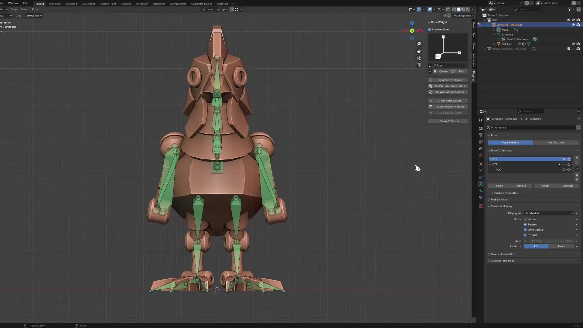 새로 만든 로봇 닭 모델을 Blender에서 작업하는 화면. 같은 날 게시물의 영상 한 장면.