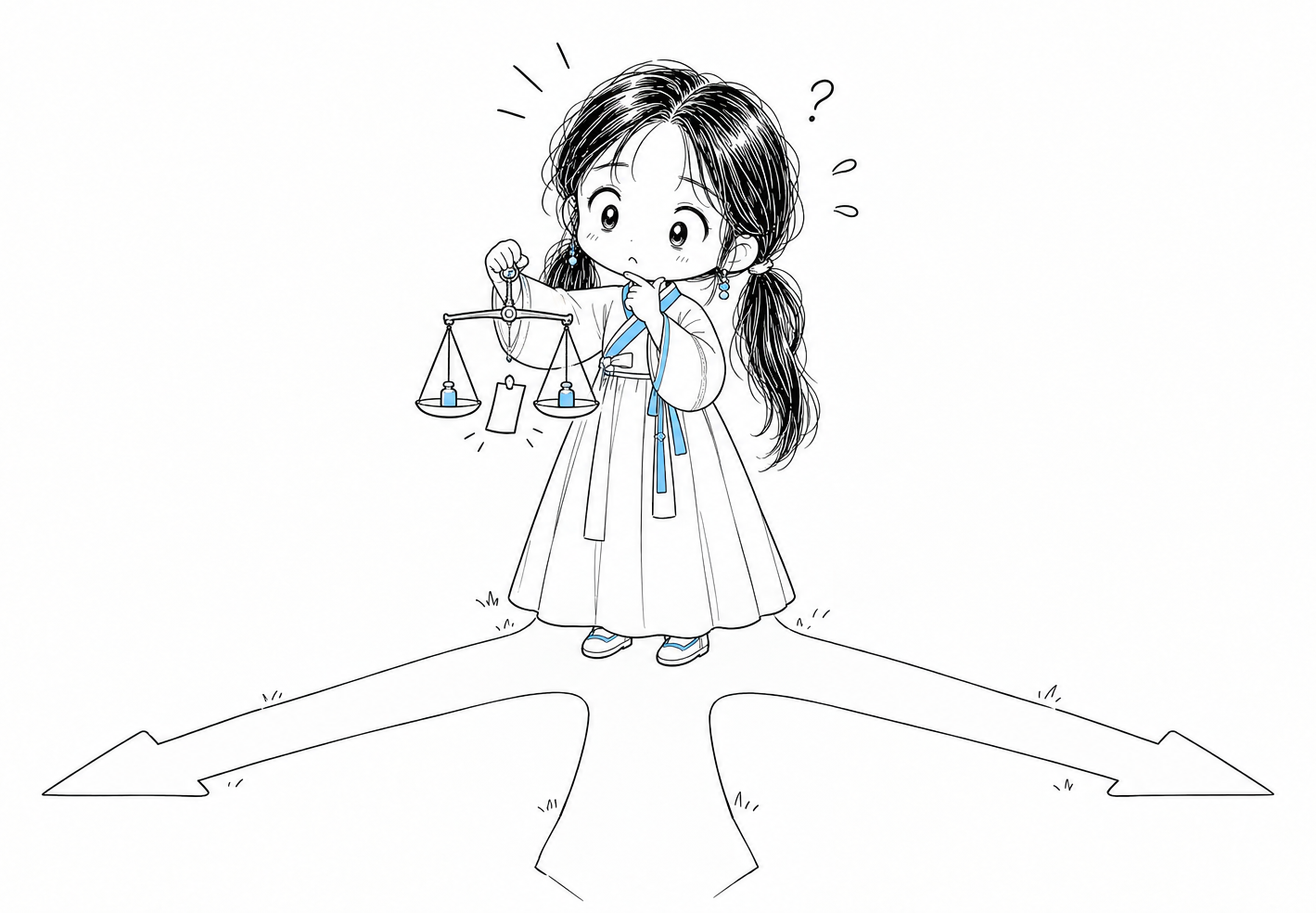 세 갈래로 갈라지는 길 위에 선 치비 서소영이 추 두 개가 올라간 작은 양팔 저울을 들고 종이 한 장을 어느 길로 보낼지 생각하는 그림