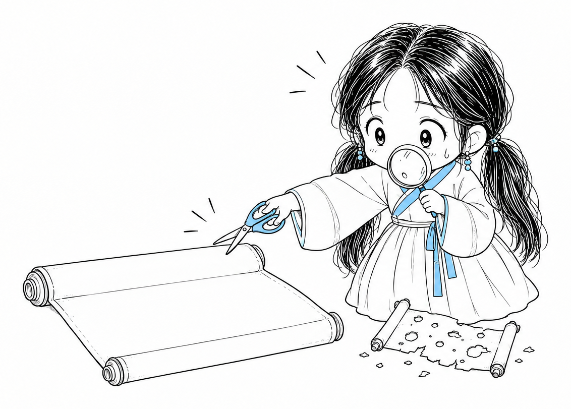 치비 서소영이 돋보기로 구멍이 숭숭 뚫린 작은 사본을 들여다보면서, 다른 손에 든 가위로는 멀쩡한 원본 두루마리를 가리키는 그림