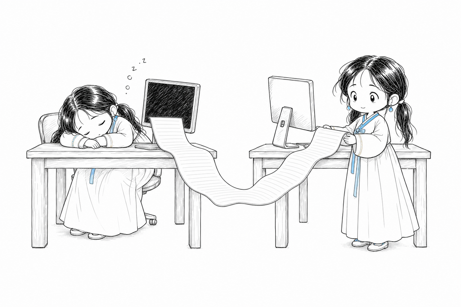 잠든 또 다른 자신 옆에서 발행본 두루마리를 집어 드는 서소영