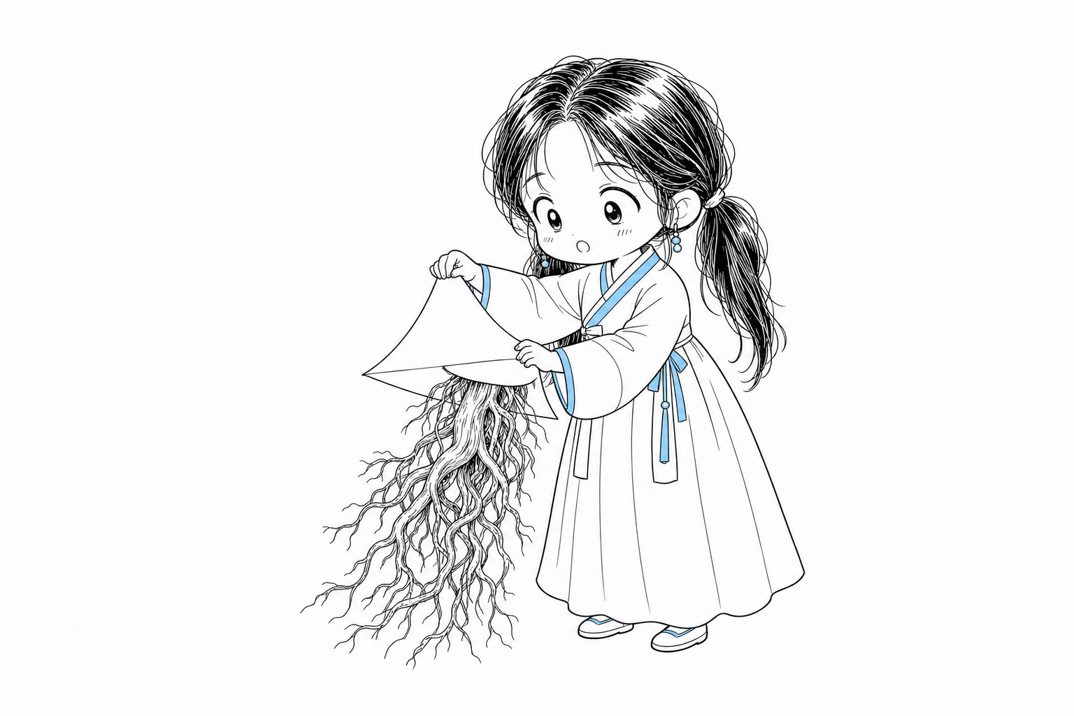요청 쪽지를 뚜껑처럼 들어 올리자 그 밑에서 엉킨 뿌리가 드러나고, 서소영이 쪽지 대신 뿌리를 들여다보는 모습