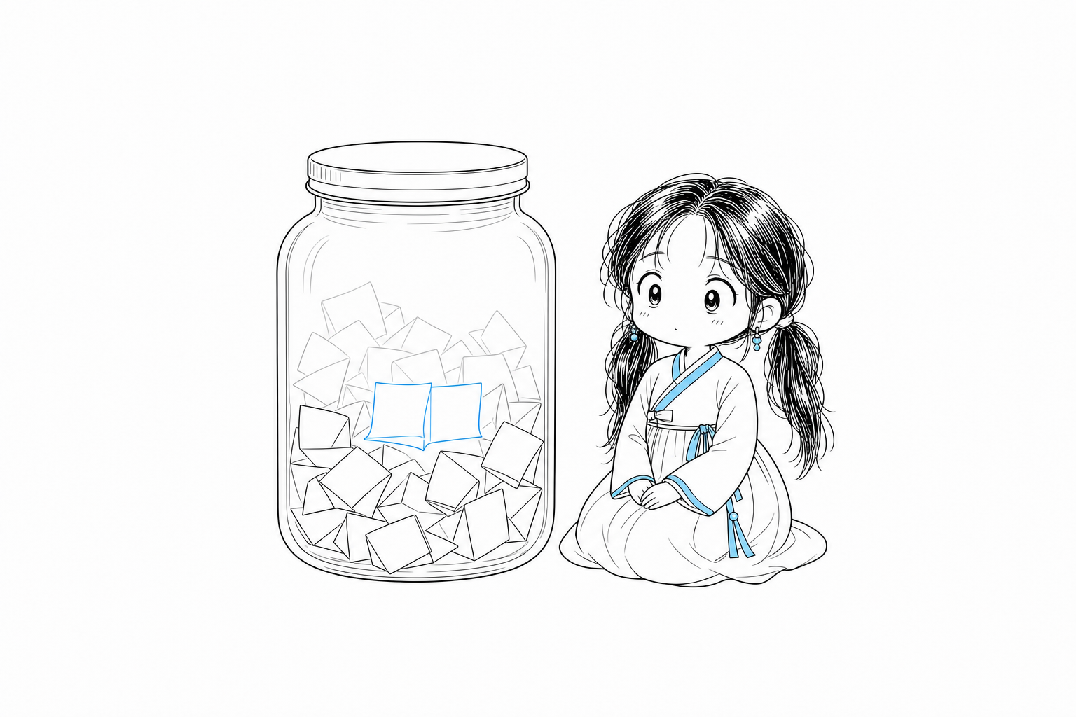 접힌 쪽지가 가득한 유리병 옆에 손을 무릎에 둔 채 앉아 있는 서소영. 병 안 몇 장은 흐릿해지고 두 장은 붙어 나란해진 모습