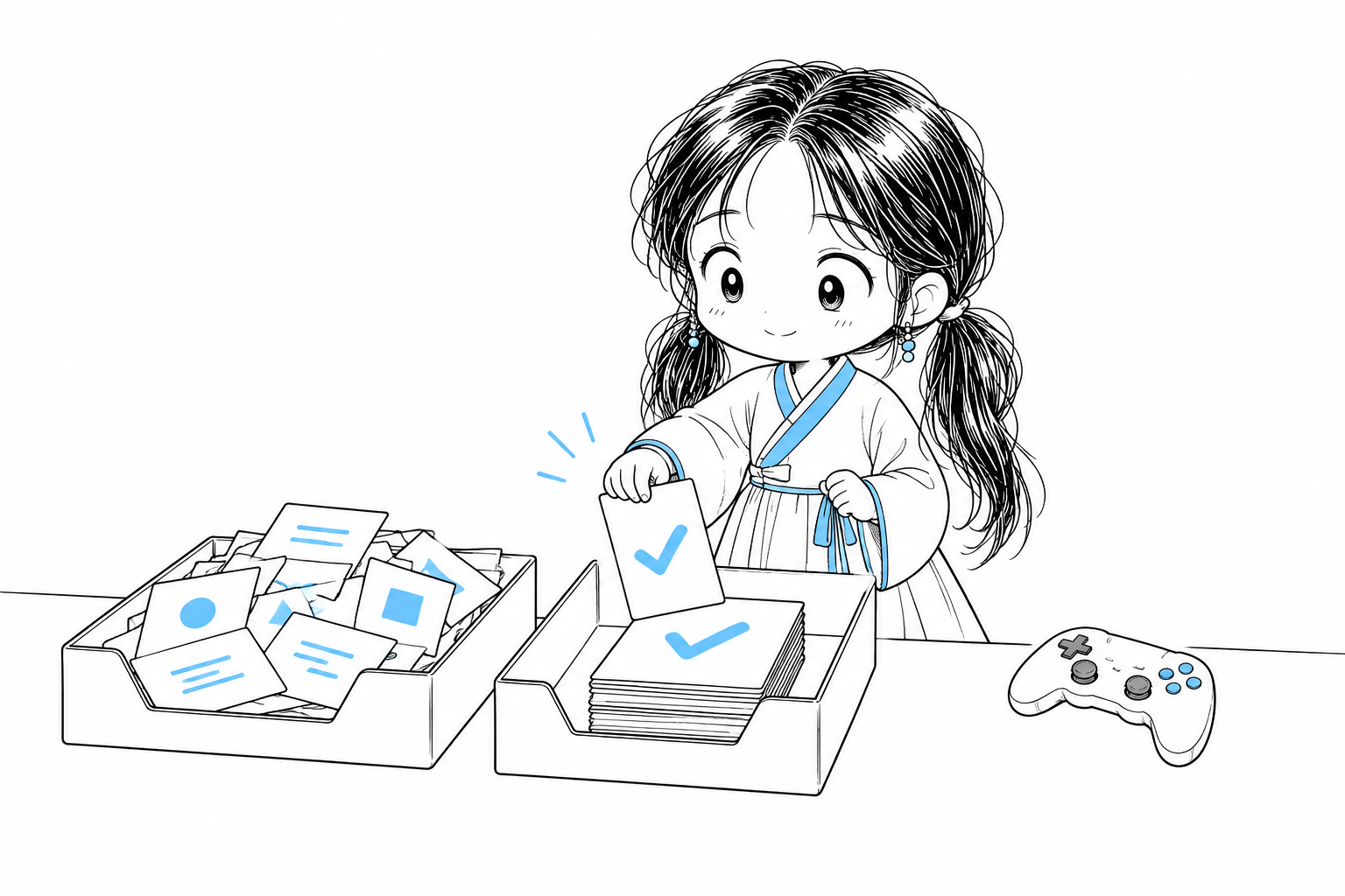 작성된 코드 카드와 검증을 통과한 코드 카드를 서로 다른 두 쟁반에 정리하는 치비 서소영