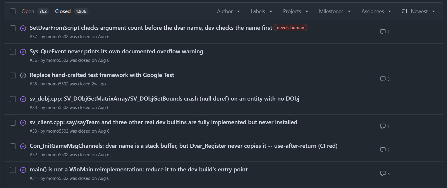 파일별 작업 이슈와 분류 라벨을 표시한 원문의 GitHub 화면