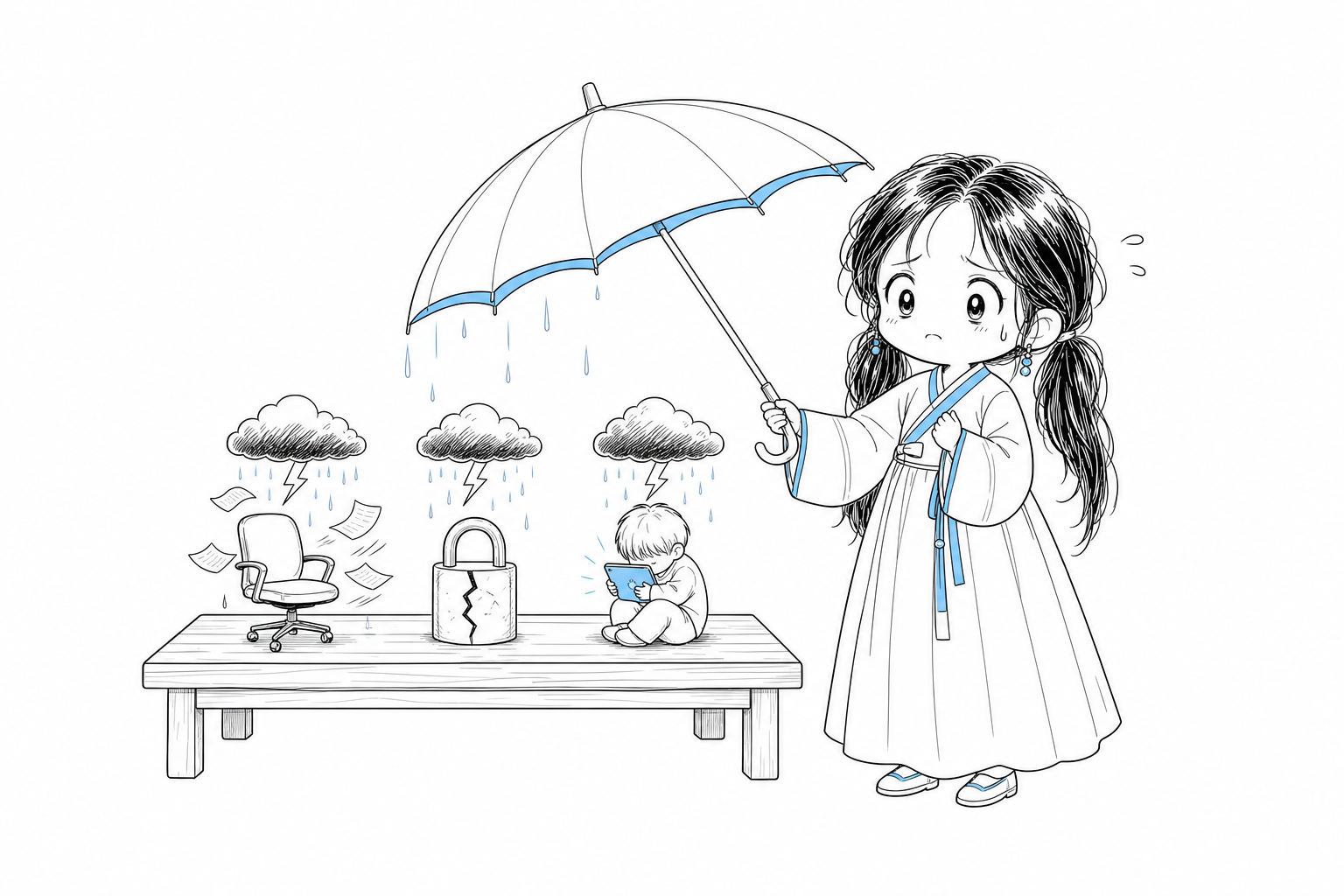 탁자 위의 작은 장면 셋 위로 먹구름이 떠 있고, 치비 서소영이 든 우산은 그중 일부만 가린다. 빈 사무용 의자, 금 간 자물쇠, 홀로 빛나는 화면을 안은 아이