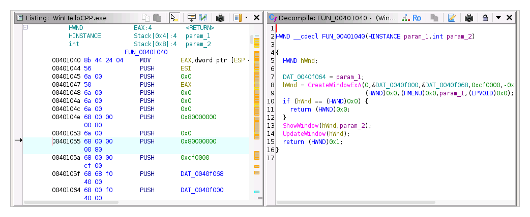 Ghidra의 Listing 창과 Decompile 창. 왼쪽 Listing 창에는 WinHelloCPP.exe의 함수 FUN_00401040이 주소, 기계어 바이트, MOV와 PUSH 같은 x86 명령어로 표시되어 있다. 오른쪽 Decompile 창에는 같은 함수가 C 코드로 복원되어 있다. 복원된 함수는 CreateWindowExA로 창을 만들고, 창 핸들이 0이면 0을 반환하며, 그렇지 않으면 ShowWindow와 UpdateWindow를 호출한 뒤 1을 반환한다.