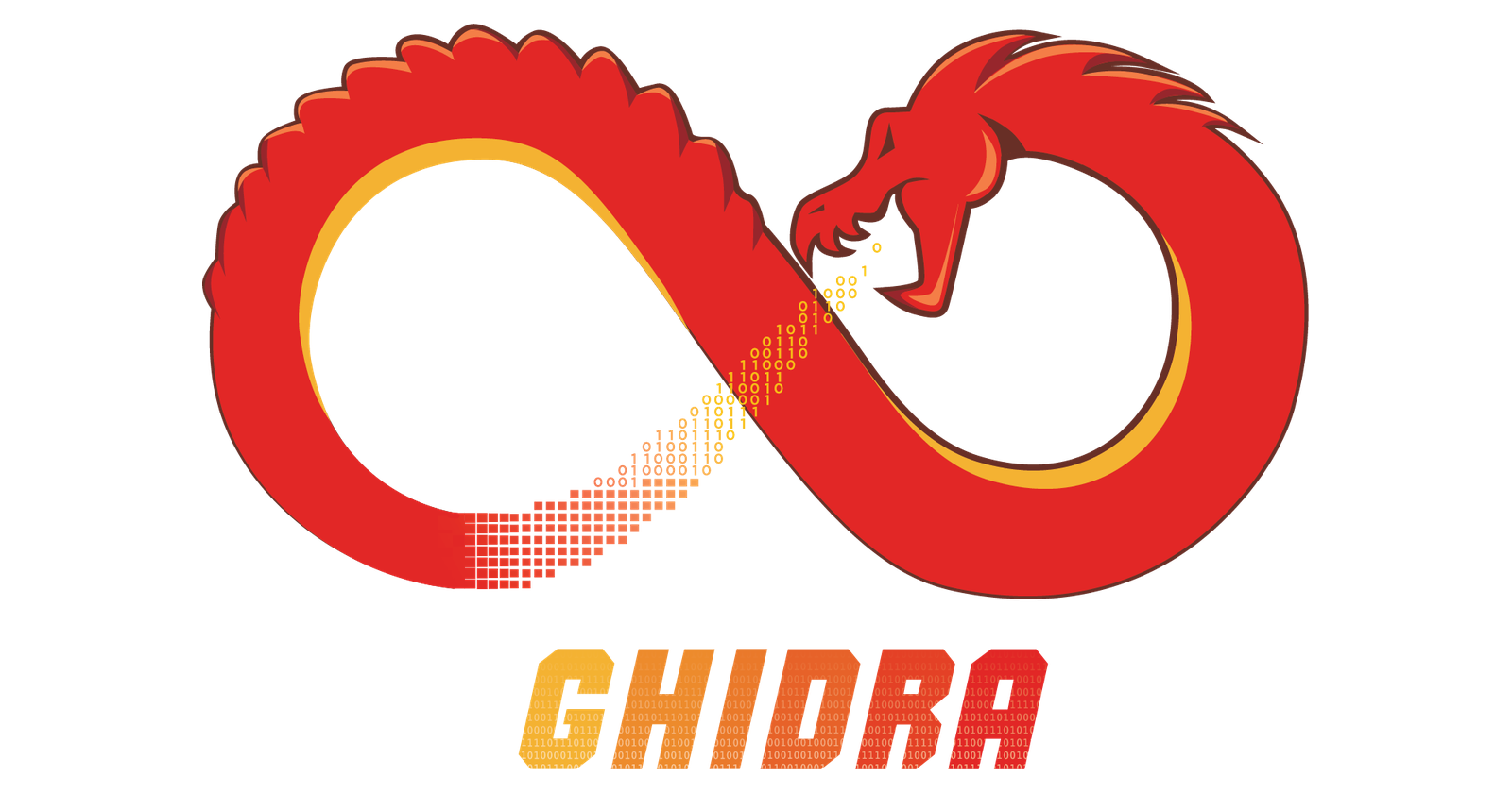 Ghidra 로고. 붉은 용 한 마리가 몸을 꼬아 무한대 기호 모양을 만들고, 꼬리 쪽 몸통이 사각형 픽셀로 흩어지며 0과 1로 이루어진 숫자열이 되어 용의 입으로 이어진다. 아래에는 이진수 무늬가 들어간 주황색 글자로 GHIDRA라고 적혀 있다.