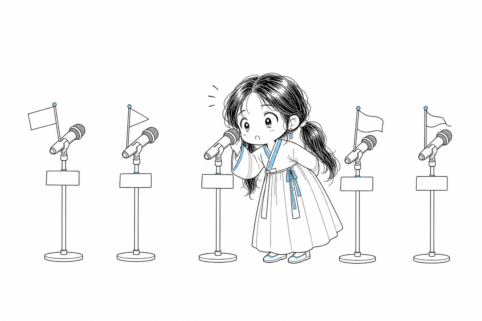 이름표와 깃발이 달린 마이크들이 줄지어 서 있고 치비 서소영이 그중 하나에 귀를 바짝 대고 듣는다