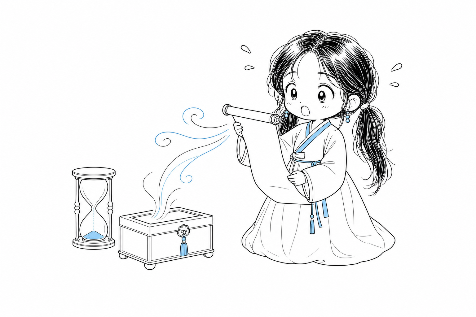 치비 서소영이 펼친 두루마리를 소리 내어 읽고 그 목소리가 앞의 작은 상자로 들어가며, 옆에는 모래가 얼마 남지 않은 모래시계가 놓여 있다